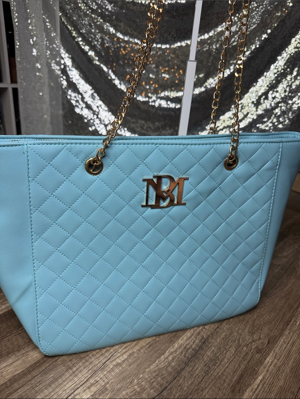 Badgley Mischka Light Blue Quilted Tote with Gold Chain Straps